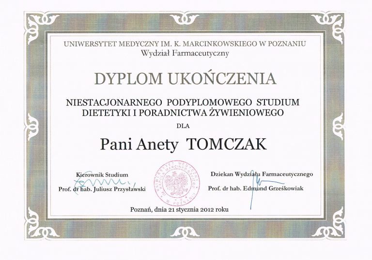 Dyplom Dietetyk Aneta Tomczak